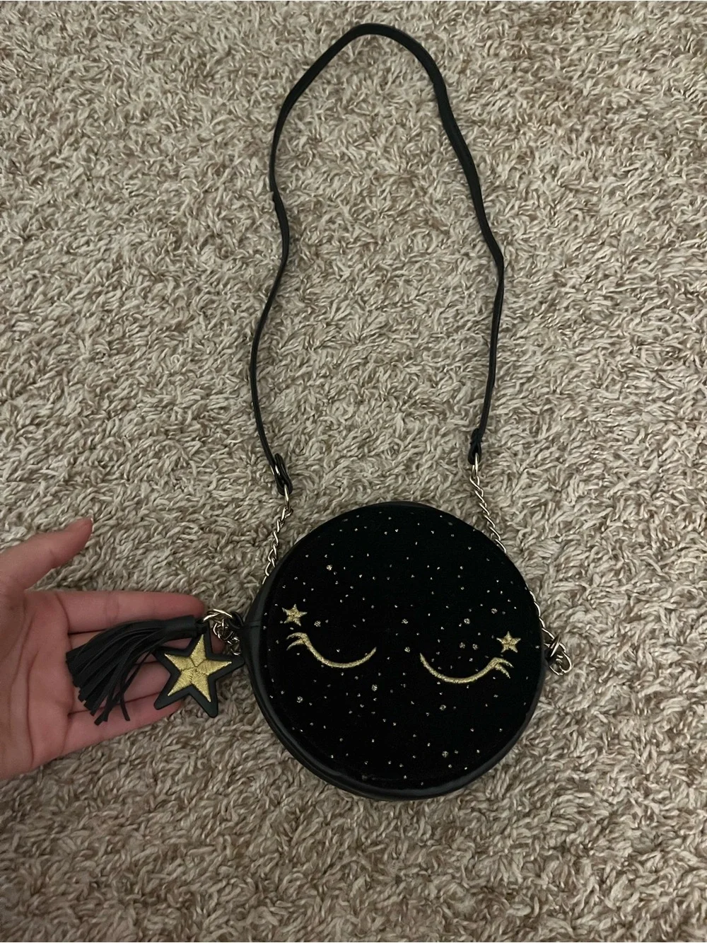 Black Starry Round Crossbody Bag with Gold Accents